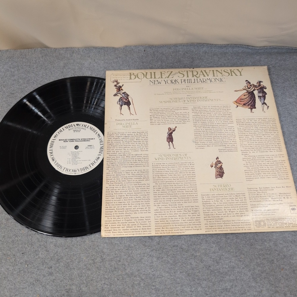 Boulez Stravinsky Pulcinella Suite NY Philharmonic Columbia LP M 35105 Promo - Picture 2 of 2